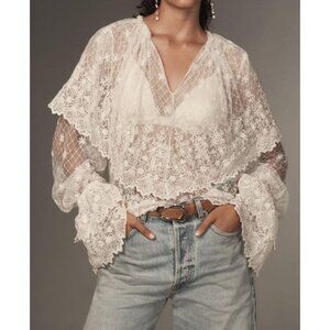 Forever That Girl Long-Sleeve white Lace-Bib Blouse M